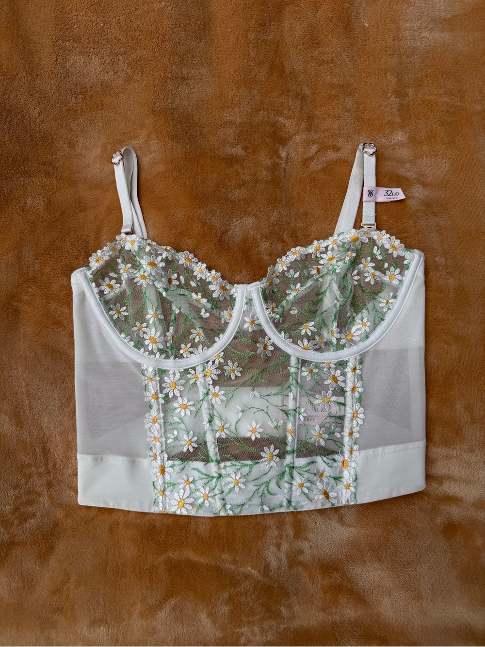 Victoria's Secret White Floral Embroidered Longline Bustier with Green Accents